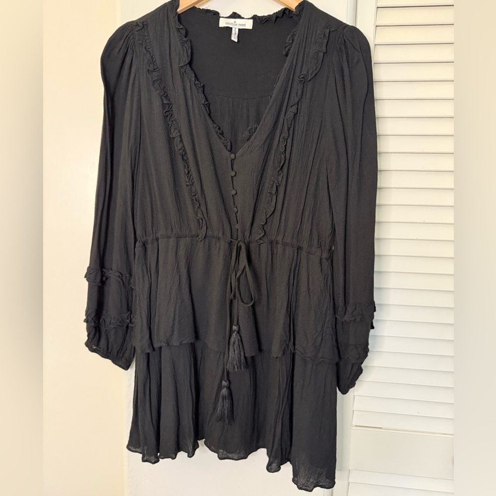 Black Ruffled Drawstring Waist Women's Top/Tunic